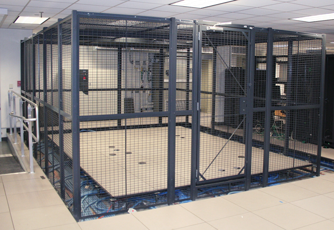 Server Cages constructed from wire partitions can be mounted on raised computer floors; ideal for separating and securing company servers and network equipment.